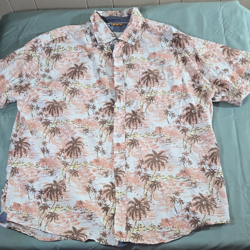 Free Planet Palm Tree Sailboat Womens 2X Button Print Shirt Brown Pink Cotton